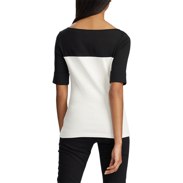 Cream/Black Cotton-Blend Boatneck Top Lauren 4