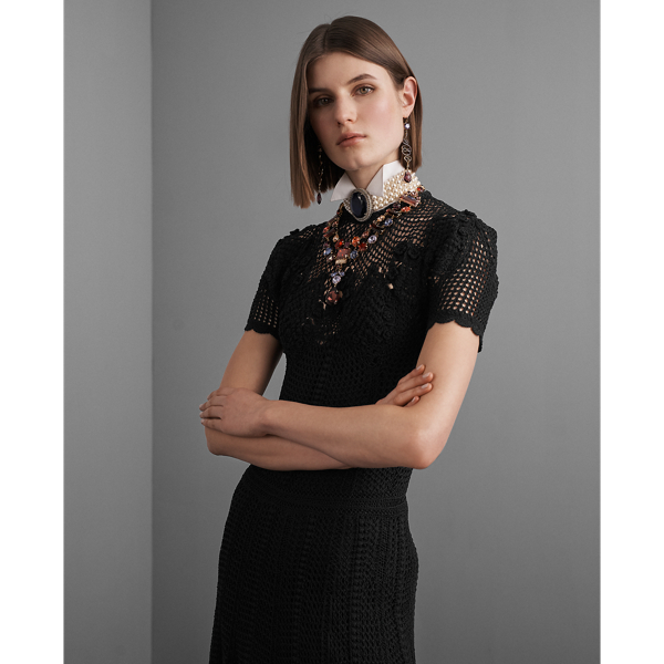Black Silk Crochet Crewneck Dress Ralph Lauren Collection 3