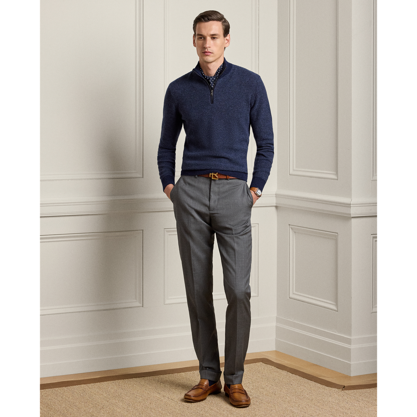 Мужской кашемировый свитер Ralph Lauren Birdseye на молнии 1/4, цвет: Тёмно-синий — фото 1