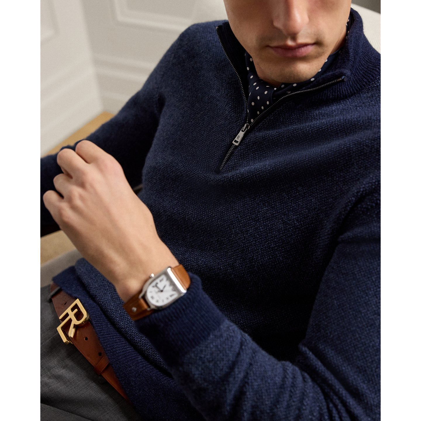 Мужской кашемировый свитер Ralph Lauren Birdseye на молнии 1/4, цвет: Тёмно-синий — фото 3