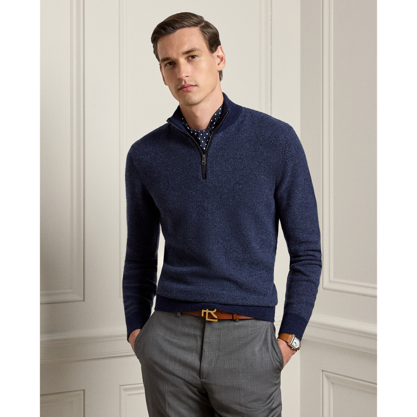 Мужской кашемировый свитер Ralph Lauren Birdseye на молнии 1/4, цвет: Тёмно-синий — фото 4