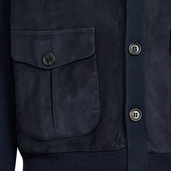 Classic Chairman Navy Suede-Front Cashmere Cardigan Purple Label 7