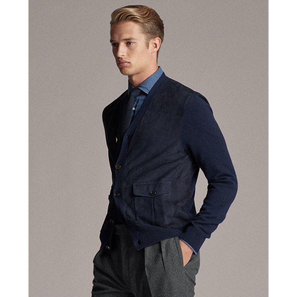 Classic Chairman Navy Suede-Front Cashmere Cardigan Purple Label 4