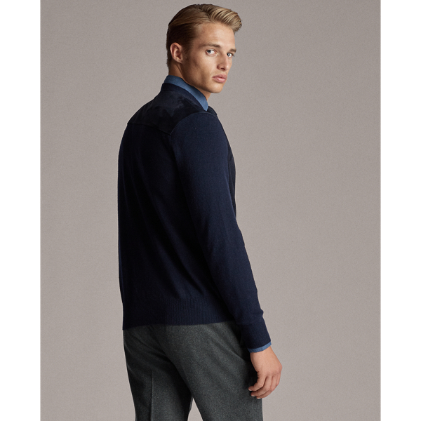 Classic Chairman Navy Suede-Front Cashmere Cardigan Purple Label 5