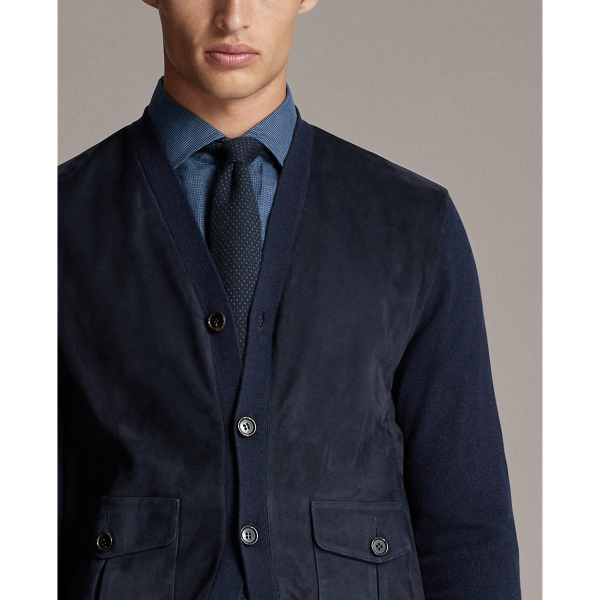 Classic Chairman Navy Suede-Front Cashmere Cardigan Purple Label 6