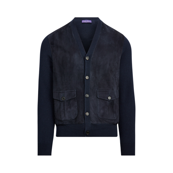 Classic Chairman Navy Suede-Front Cashmere Cardigan Purple Label 2