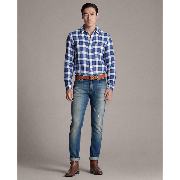 Blue And White Plaid Linen Western Shirt Purple Label 3