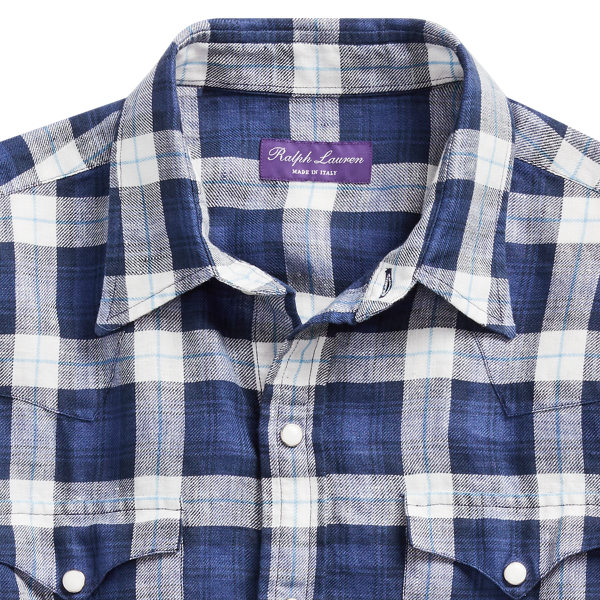 Blue And White Plaid Linen Western Shirt Purple Label 7