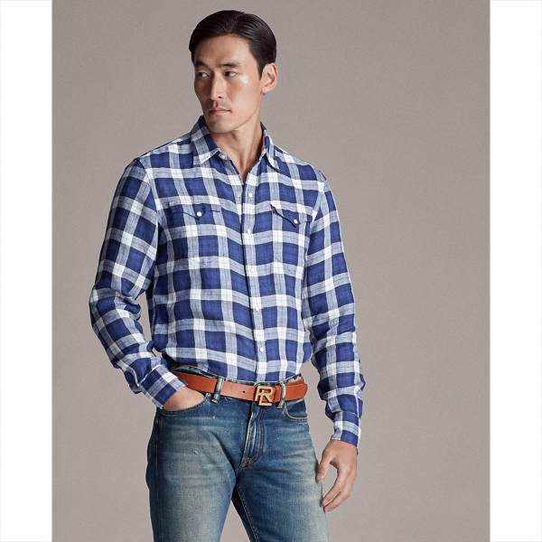 Blue And White Plaid Linen Western Shirt Purple Label 4