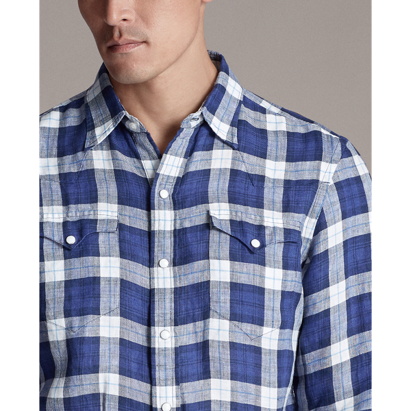 Blue And White Plaid Linen Western Shirt Purple Label 6