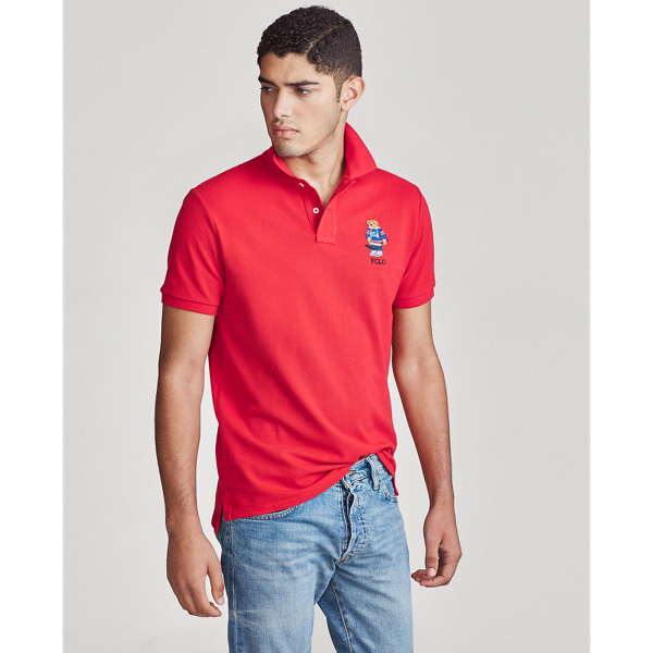 Custom-Slim-Fit Piqu&eacute;-Polohemd mit Bear Polo Ralph Lauren in RL 2000 Red Usa Bear 5
