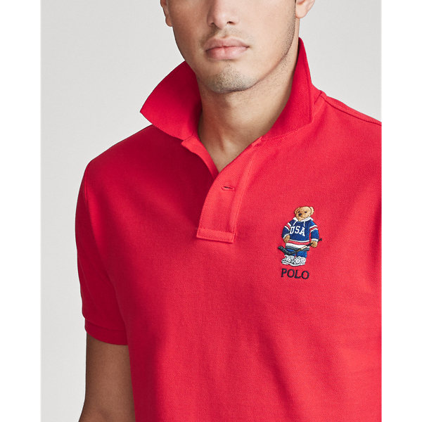 Custom-Slim-Fit Piqu&eacute;-Polohemd mit Bear Polo Ralph Lauren in RL 2000 Red Usa Bear 7