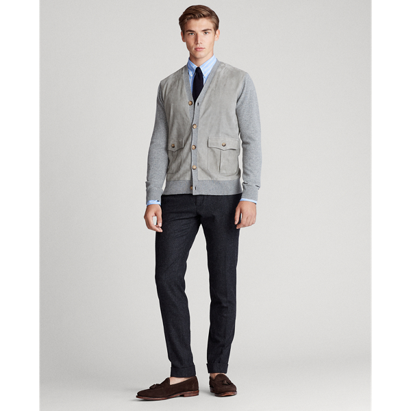 Fawn Grey Heather Suede-Front Merino Cardigan Polo Ralph Lauren 3
