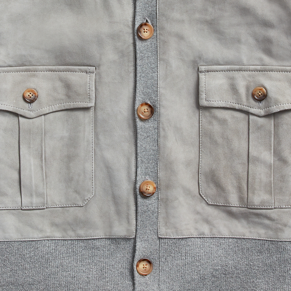 Fawn Grey Heather Suede-Front Merino Cardigan Polo Ralph Lauren 6