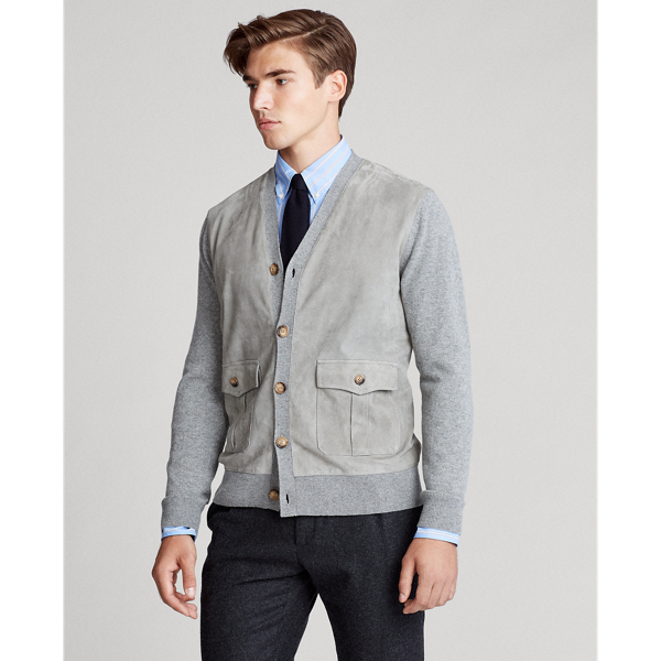 Fawn Grey Heather Suede-Front Merino Cardigan Polo Ralph Lauren 4