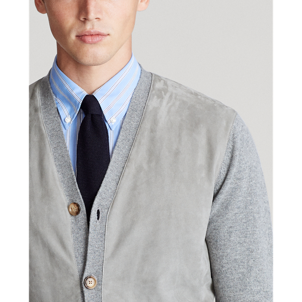 Fawn Grey Heather Suede-Front Merino Cardigan Polo Ralph Lauren 5