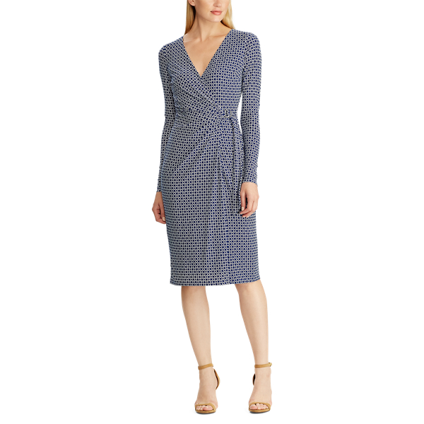 Parisian Blue/Cream Print Jersey Long-Sleeve Dress Lauren 3