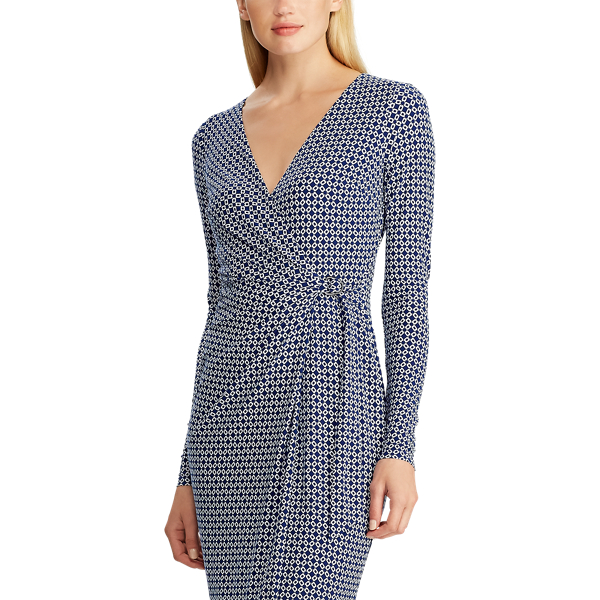 Parisian Blue/Cream Print Jersey Long-Sleeve Dress Lauren 4