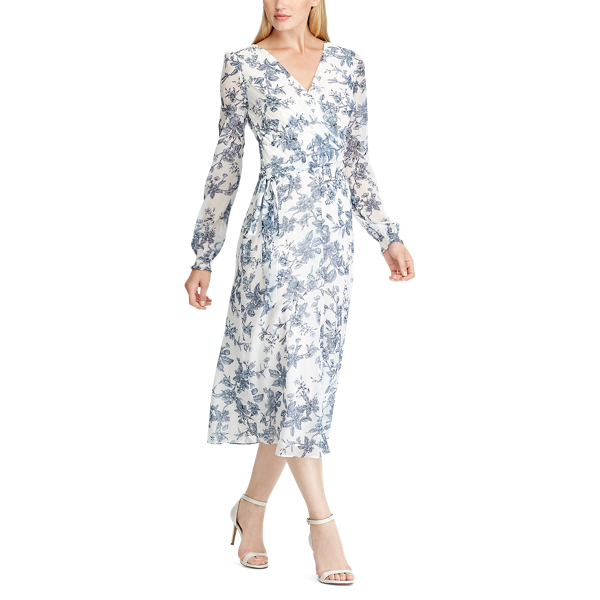 Colonial Cream/Blue/Multi Belted Floral Georgette Dress Lauren 3