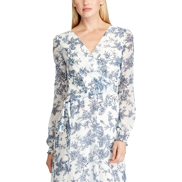 Colonial Cream/Blue/Multi Belted Floral Georgette Dress Lauren 4