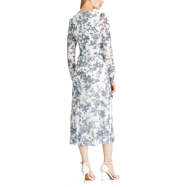 Colonial Cream/Blue/Multi Belted Floral Georgette Dress Lauren 5