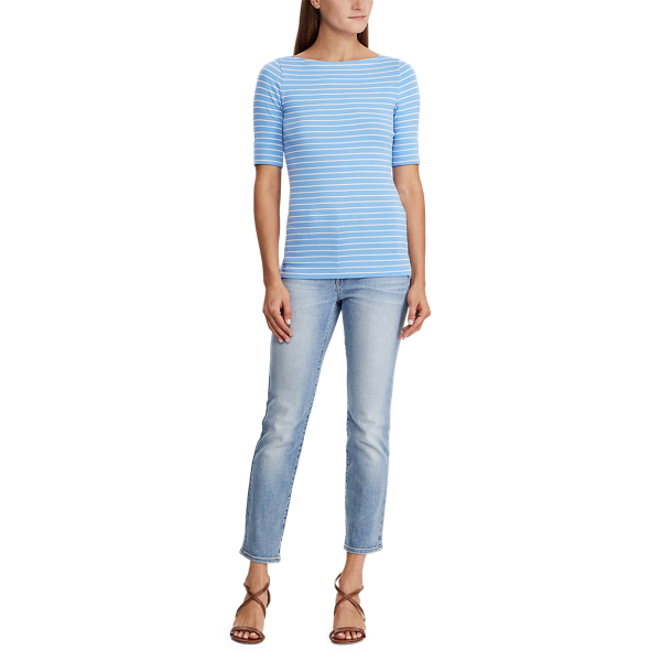 Top mit U-Boot-Ausschnitt aus Baumwollmischung Lauren in Eos-Blau/Mascarpone-Creme 2