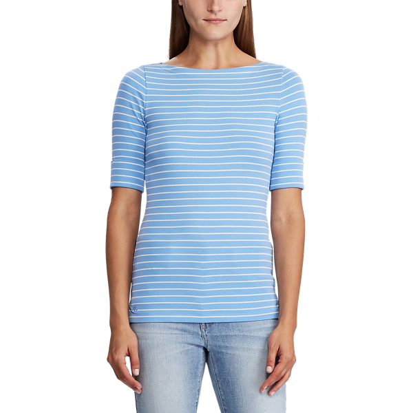 Top mit U-Boot-Ausschnitt aus Baumwollmischung Lauren in Eos-Blau/Mascarpone-Creme 3
