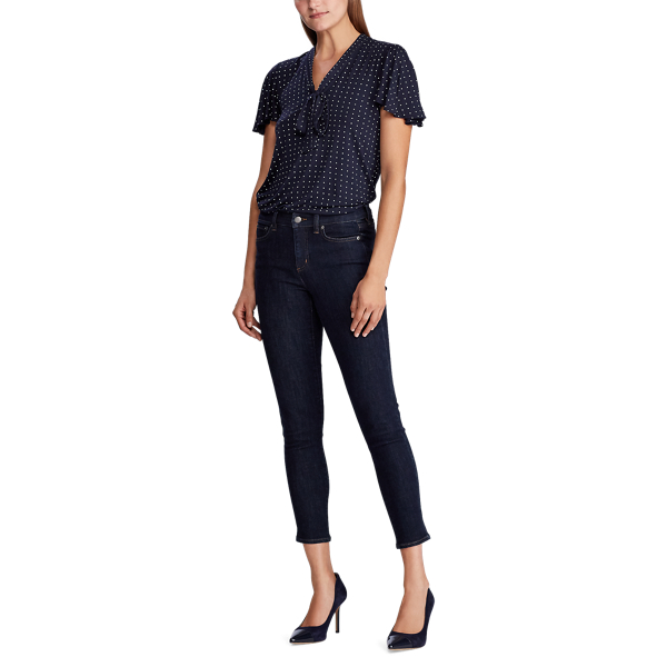 Lauren Navy/Silk White Tie-Neck Stretch Jersey Top Lauren 2