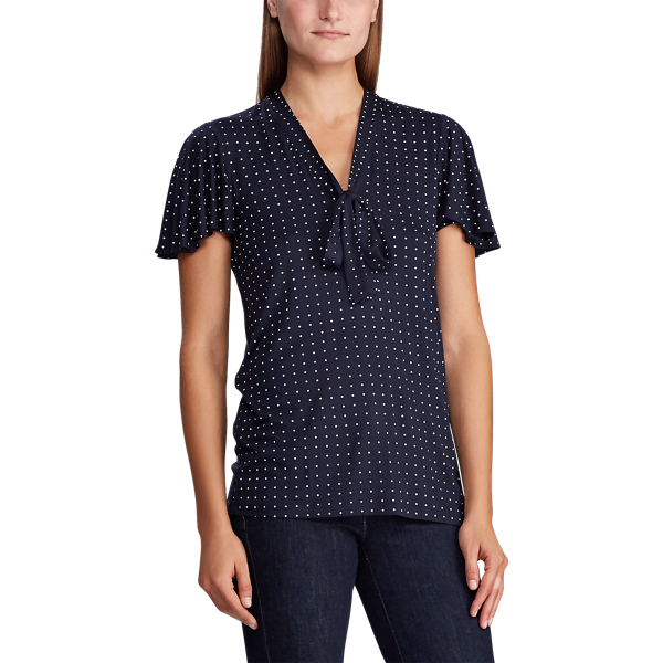 Lauren Navy/Silk White Tie-Neck Stretch Jersey Top Lauren 3