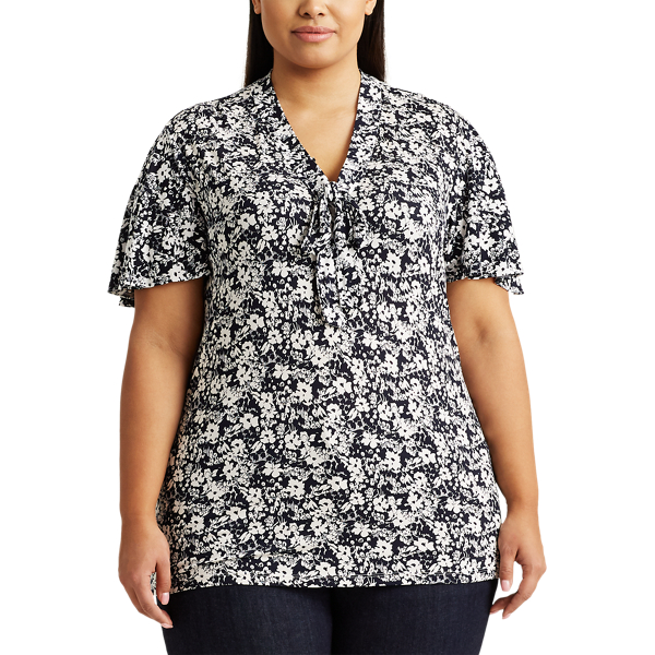 Lauren Navy/Pale Cream Tie-Neck Stretch Jersey Top Lauren Woman 3