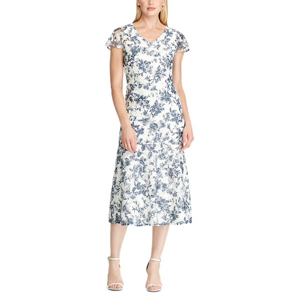 Cream/Blue/Multi Floral Lace V-Neck Dress Lauren 3