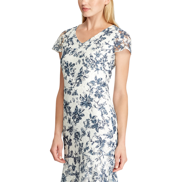 Cream/Blue/Multi Floral Lace V-Neck Dress Lauren 4