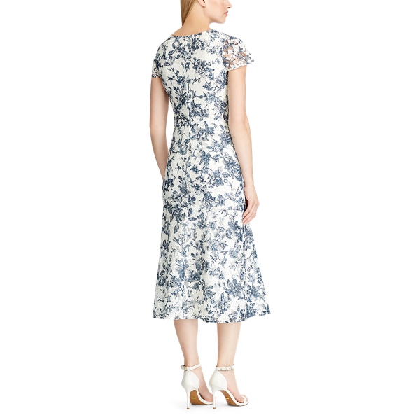 Cream/Blue/Multi Floral Lace V-Neck Dress Lauren 5