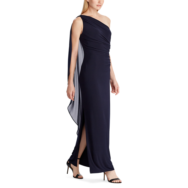 Lighthouse Navy Georgette One-Shoulder Gown Lauren 3