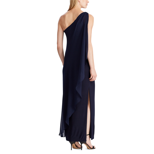 Lighthouse Navy Georgette One-Shoulder Gown Lauren 5