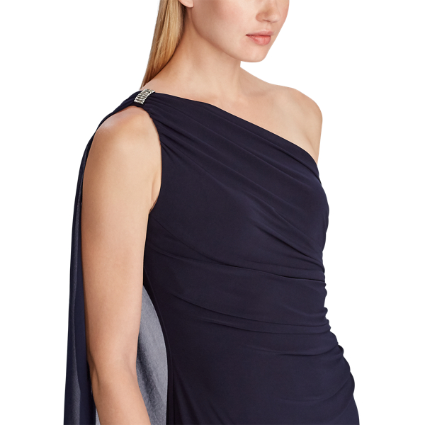 Lighthouse Navy Georgette One-Shoulder Gown Lauren 6