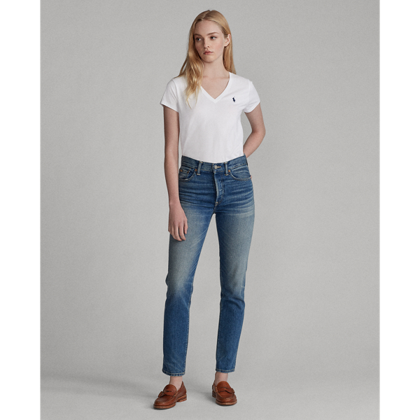 White / Navy Cotton V-Neck Tee Polo Ralph Lauren 3