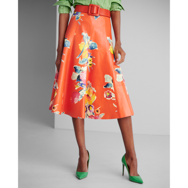 Tangerine Multi Clyde Print Leather Skirt Ralph Lauren Collection 3