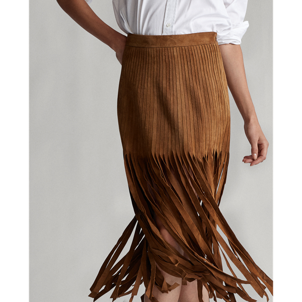 Pale Russet Fringe-Trim Suede Skirt Polo Ralph Lauren 6