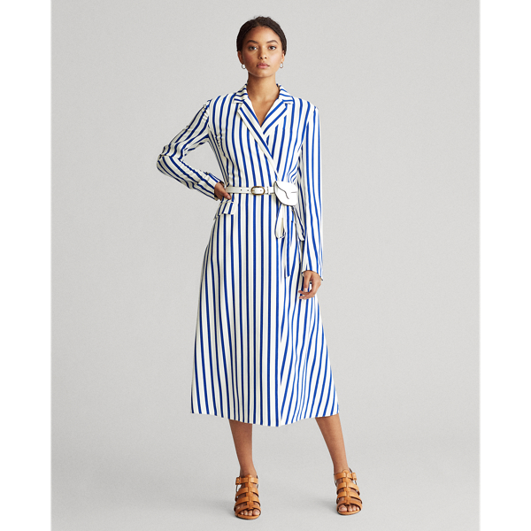Collection Blue/White Satin Long-Sleeve Wrap Dress Polo Ralph Lauren 4
