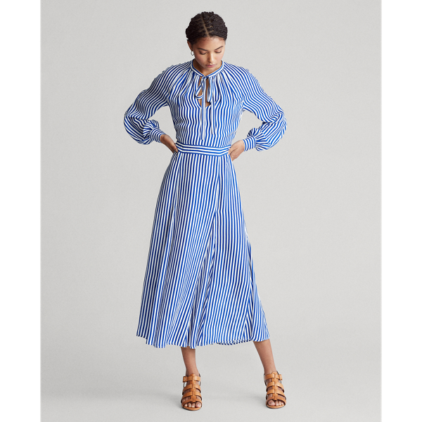 Royal/White Striped Silk-Blend Dress Polo Ralph Lauren 4