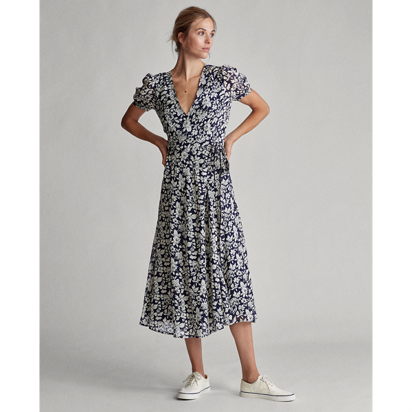 Navy Floral Floral Crepe Wrap Dress Polo Ralph Lauren 4