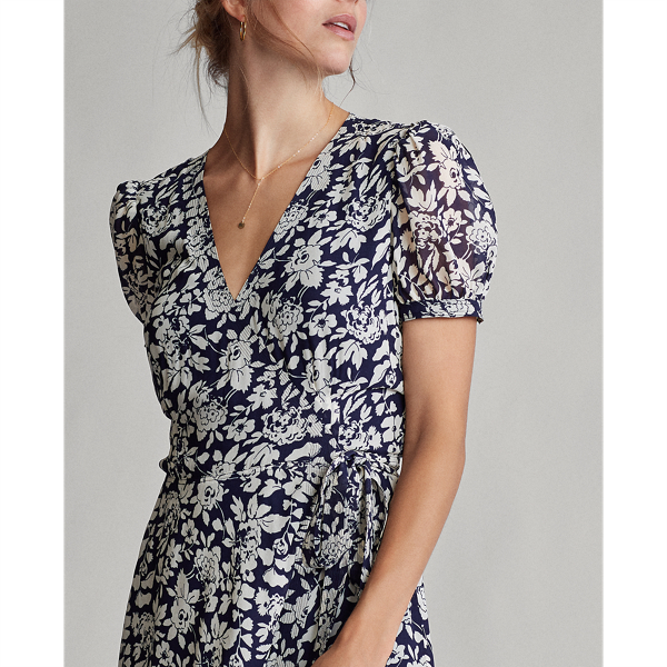 Navy Floral Floral Crepe Wrap Dress Polo Ralph Lauren 6