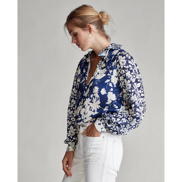 Navy/Royal Floral Multi Floral Satin Blouse Polo Ralph Lauren 5