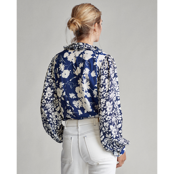 Navy/Royal Floral Multi Floral Satin Blouse Polo Ralph Lauren 6