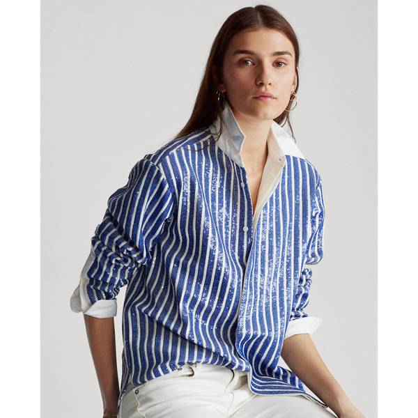 Blue/White Sequined Stripe Shirt Polo Ralph Lauren 7