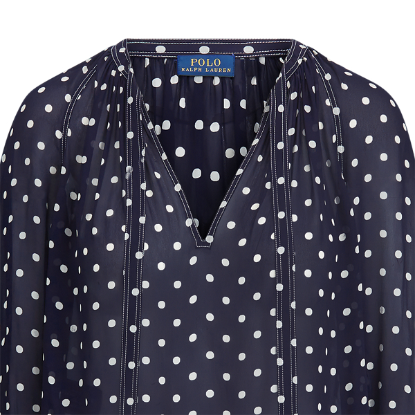 Navy/White Polka Dot Georgette Tie-Neck Shirt Polo Ralph Lauren 7