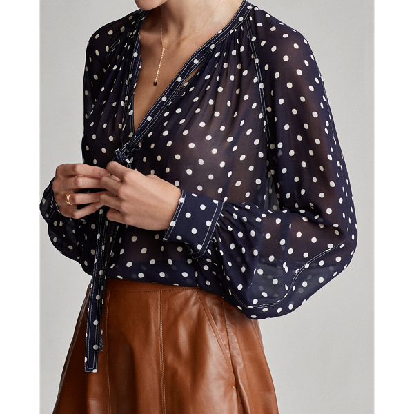 Navy/White Polka Dot Georgette Tie-Neck Shirt Polo Ralph Lauren 5