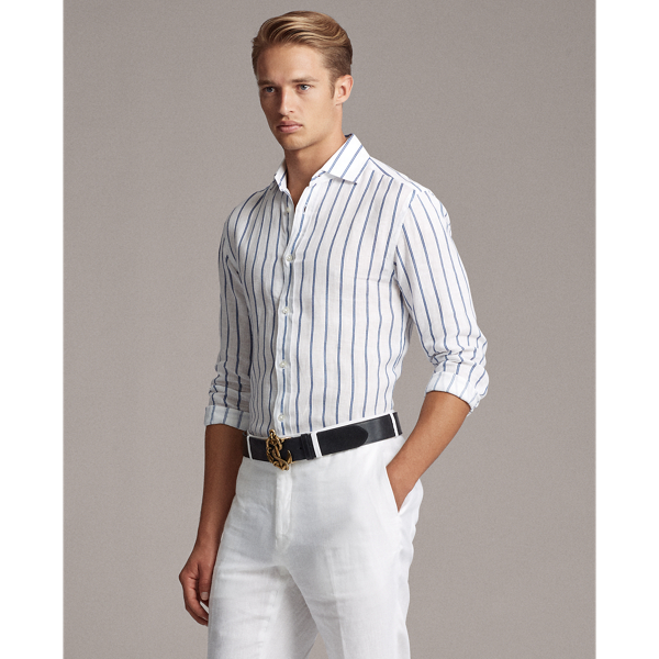 White W/Blue Stripe Stripe-Print Linen Shirt Purple Label 4