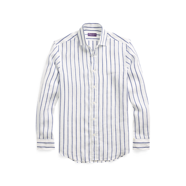 White W/Blue Stripe Stripe-Print Linen Shirt Purple Label 2